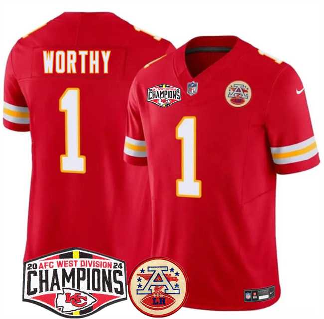 Mens Kansas City Chiefs #1 Xavier Worthy Red F.U.S.E. 2024 AFC West Division Champions Vapor Limited Stitched Jersey